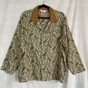 Vintage JCPenney Green Paisley Print with Brown Collar Button Front Shirt Lg